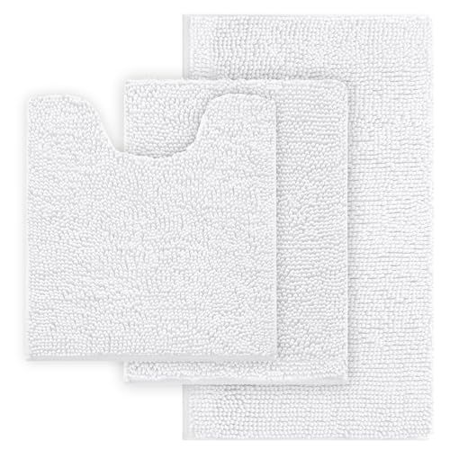 White Bathroom Rugs Chenille Bath Mat Set 3 Piece, Extra Soft, and Absorbent Shaggy Rugs, Machine Wash and Dry, Perfect Plush Carpet Mats for Tub, Shower, Bathroom Rug Mats