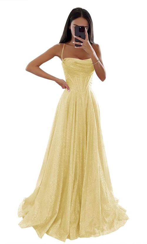 Sparkly Sequin Tulle Prom Dresses for Women with Slit Cowl Neck Corset Formal Evening Gown with Pockets Yellow 16