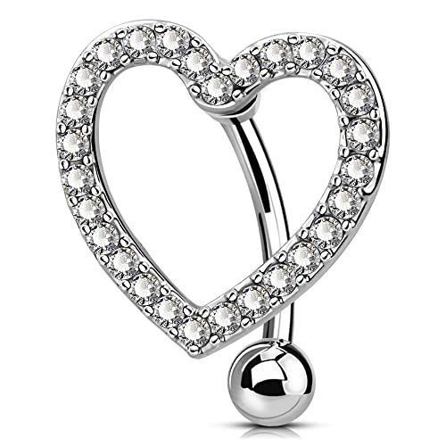 OUFER Belly Button Rings, Heart Reverse Navel Rings, Paved CZ Crystal Belly Piercing Jewelry, 14G Surgical Steel Curved Barbells for Women 14g 14mm