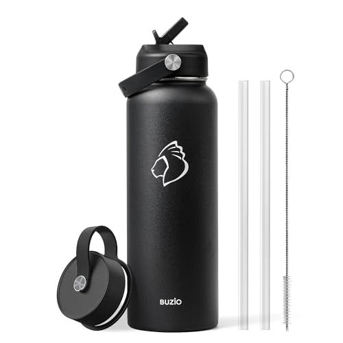 BUZIO 40oz Insulated Water Bottle, Triple Wall Vacuum Stainless Steel Water Flask with 2 lids, Lead-Free BPA-Free Straw Lid Sports Canteen Jug, Cold 48H & Hot 24H- Black 40 Ounces Black