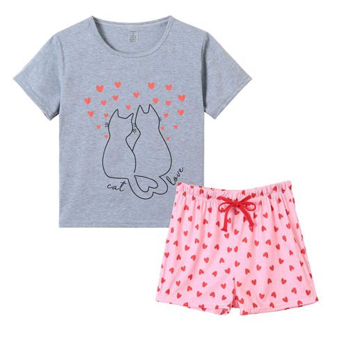 VENTELAN Pajama Set For Women Cute PJS Summer Short Sleeve Shorts Sleepwear X-Large Grey Cat