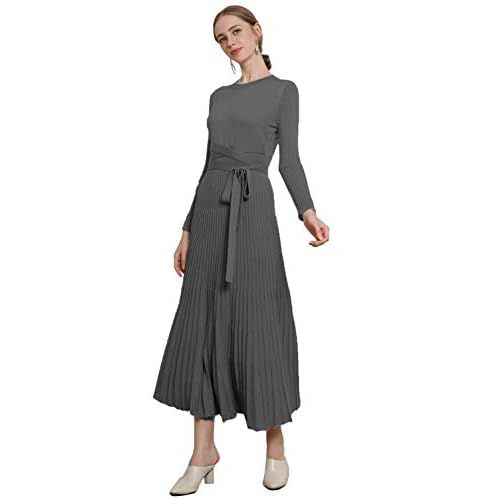 RanRui Womens Winter Fall Pleated Knitted Fit and Flare Long Sleeve Sweater Dress 6-8 A-grey