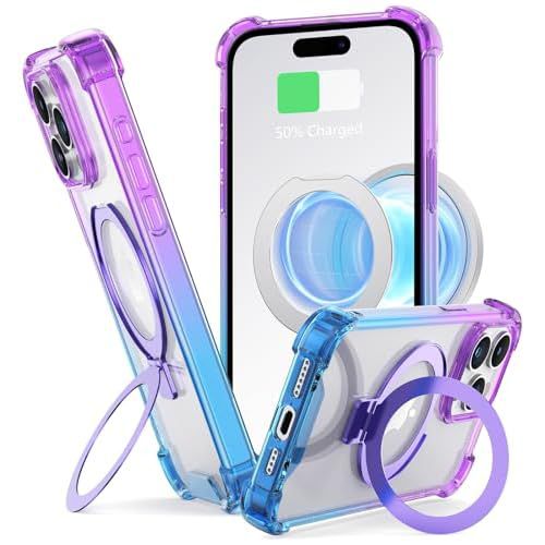 for iPhone 15 Pro Magsafe Case, Military-Grade Protection, Built-in Stand, Clear Bumper Cover with Ring Holder for Men Women (Purple Blue)