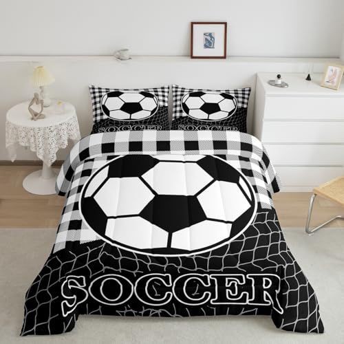 Feelyou Soccer Bedding Set for Girls Boys Kids Twin Size Black White Comforter Room Decorative Geometric Pattern Comforter Set Sports Theme Quilt Set