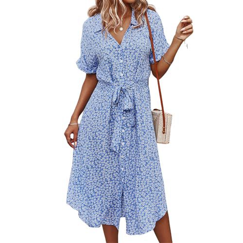 FQFGGYD Women's Floral Midi Dresses Sundresses Summer Dresses for Women Print Lapel Button Wedding Guest Dresses Casual Dress Sky Blue