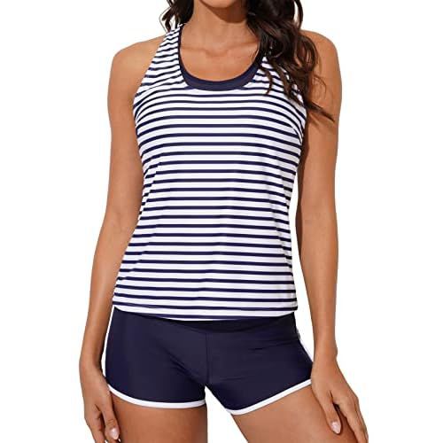 Aleumdr Womens Athletic 3 Piece Tankini Swimsuits with Shorts Swim Tank Tops with Sports Bra and Boyshorts Bathing Suits Small Stripe