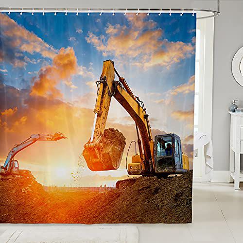 Feelyou Boys Car Bath Curtain Excavator Truck Shower Curtain for Kids Children Men Construction Vehicles Print Bathroom Shower Curtain Set Soft Heavy Machinery Cars Decor Waterproof 72"x72"