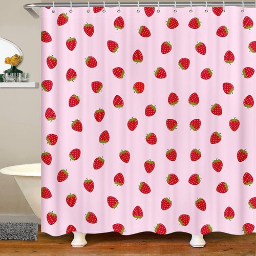 Feelyou Strawberry Bathroom Shower Curtain Set Girls Pink Cute Fruit Print Shower Curtain Kids Teens Strawberries Stripes Bath Curtain Polyester Stalls Waterproof Curtain Bathtubs Decor 72"x