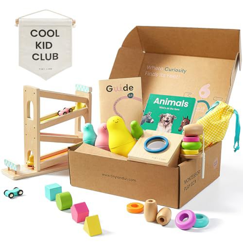 Tiny Land Montessori Toy Set for Baby 16-18 Months Adventure Play Kit - 7-in-1 Ramp Race Track, Shape Sorting and Color Matching Box, Lacing Beads Set, Silicone Nesting Dolls, Animals Board 