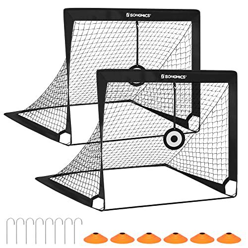 SONGMICS Kids Soccer Goals for Backyard, 4x3 ft Portable Soccer Nets Training Equipment, Toddler Soccer Goal with Carrying Bag, for Field Black with Targets