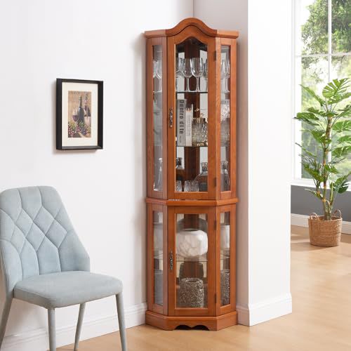 Glass Corner Curio Cabinet: Wood Arched Display Cabinets with Adjustable Shelves & Tempered Glass Doors | Tall Lighted China Storage Cabinet for Living Room - Oak 70.2" Arched Top Oak