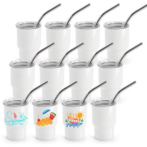 Joyclub 3 oz Mini Tumbler Shot Glass with Straw and Lid 12 Pack White Mini Cup Stainless Steel Sublimation Shot Tumblers for Wedding Party Whiskey Favors