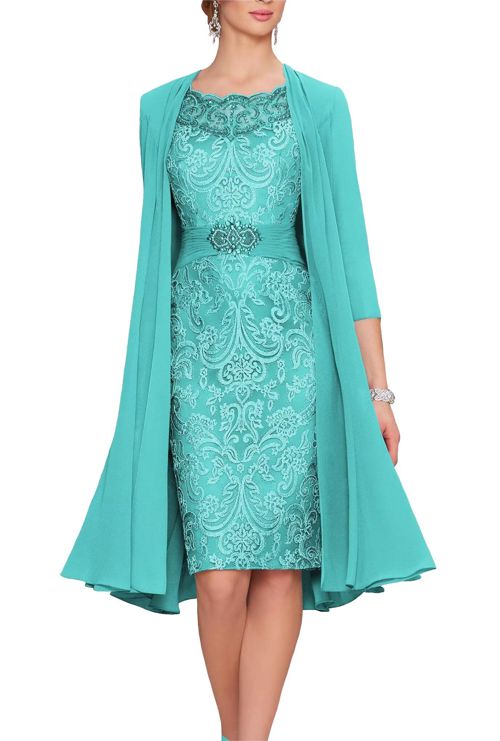 Gorgeous 2 Pieces Beaded Mother of The Bride Dresses with Jacket 3/4 Sleeve Lace Chiffon Evening Formal Gown Turquoise 2