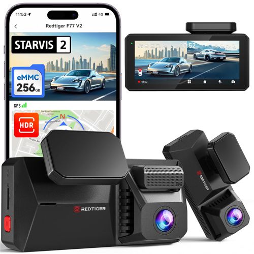 REDTIGER Dual 4K Dash Cam with 256GB eMMC, STARVIS 2 IMX678 Front and Rear Dash Camera with Dual HDR, Voice Control, 4'' Touch Screen, Built-in 5.8GHz WiFi GPS, HDR Night Vision (F77 V2) F77