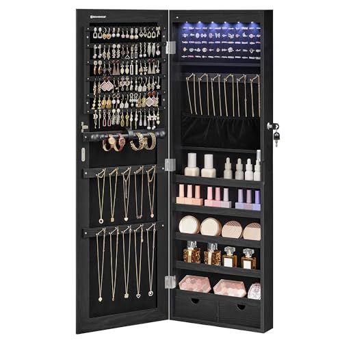 SONGMICS Hanging Jewelry Cabinet, Wall-Mounted Cabinet with LED Interior Lights, Door-Mounted Jewelry Organizer, Full-Length Mirror, Gift Idea, Ink Black UJJC099B01 Modern Ink Black