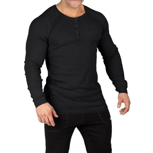 Muscle Cmdr Men's Lightweigt Waffle Henley Shirt Regular Fit Long&Short Sleeve Casual 3 Button Placket Underwear A-black Medium