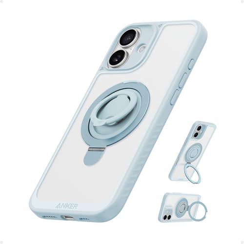 Anker Magnetic Ring Stand for iPhone 16 Case, Silicone Finger Ring Grip Stand Holder, Military Grade Drop Tested, Compatible with MagSafe, Built in Kickstand, Soft Edge Anti-Fingerprint, Blu