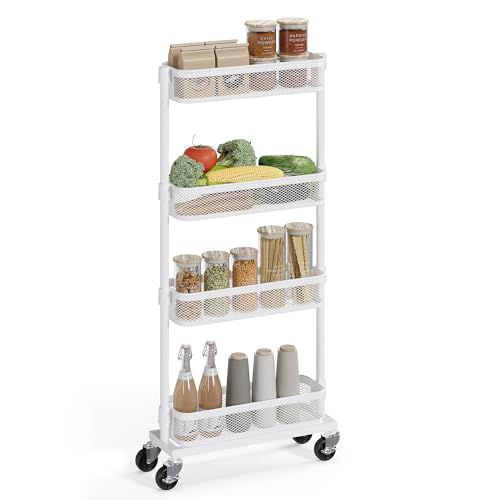 SONGMICS Slim Storage Cart, 4-Tier Metal Rolling Cart with Wheels, Flexible Baskets, Narrow Cart for Kitchen, Bathroom, Laundry Room, Easy Assembly, White UBSC065W01