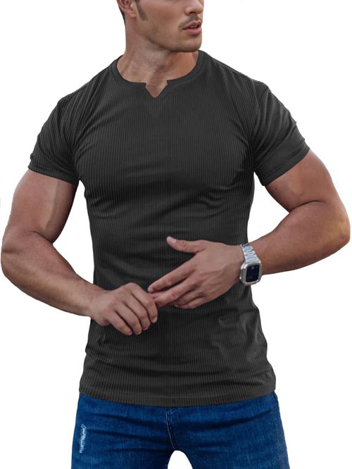 Men's Muscle Stretch Shirts Long&Short Sleeve V Neck Slim Fit Stylish T-Shirts Casual Thermal Underwear Large 01short-grey