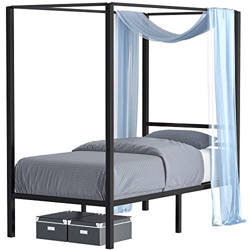 YITAHOME Metal Four Posters Canopy Bed Frame 14 Inch Platform with Built-in Headboard Strong Metal Slat Mattress Support, No Box Spring Needed, Black, Twin Size Contemporary Black Twin