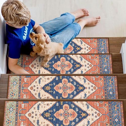 Lahome Stair Treads Non Slip 15 Pack 8" X 30" Stair Treads for Wooden Steps, Washable Self Adhesive Stair Runners Stain Resistant Stair Carpet, Edging Stair Rug for Kids, Elders and Dogs (15