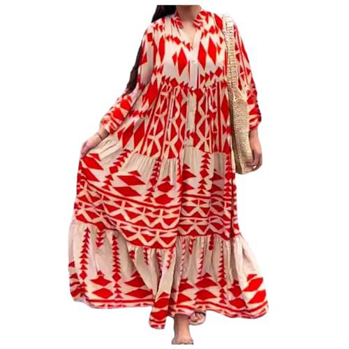 FQFGGYD Women's Boho Dress Casual Dresses Wedding Guest Dresses Long-Sleeved Pullover Button Print Plus Size Dress Midi Dress Red