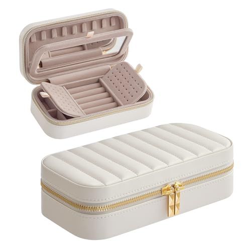 SONGMICS HOME Travel Jewelry Case, Small Jewelry Box Organizer with Mirror, 4.1 x 8 x 2.4 Inches, PU Surface with Stitching, Portable, Cloud White, ANAH Collection UJBC180W01 Cloud White 8"W