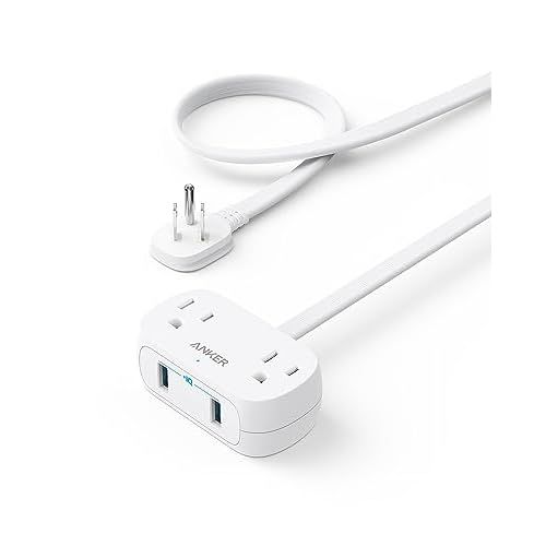 Anker USB Power Strip, 5 ft Thin Cord and Flat Plug, Small Power Strip with 2 Outlets and 2 USB Charger, Safety System for Desktop Charging, Compact for Cruise Ship, Travel, Desk, Home Offic