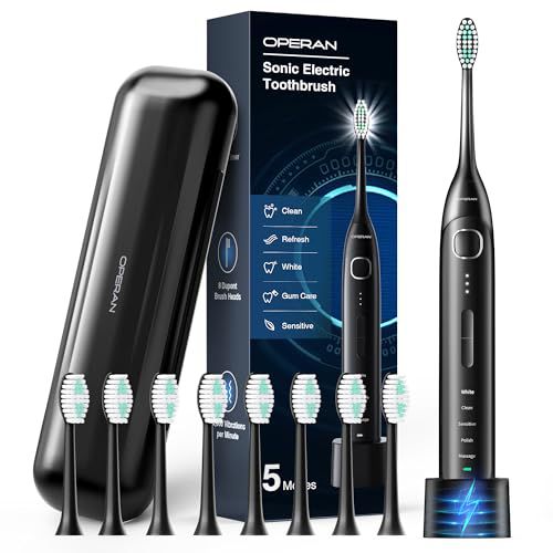 Operan Electric Toothbrush for Adults and Kids Rechargeable Sonic Toothbrush with 5 Modes 2-Min Smart Timer IPX7 Waterproof 40,000 VPM Motor with 8 Brush Heads & Travel Case (Black, 1Pack)