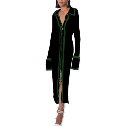 RanRui Women Long Sleeve Knit Dress Stripe Botton Down Knitted Dress Cardigan Sweater Dresses Ribbed Knit Bodycon Maxi Dress Medium C-black