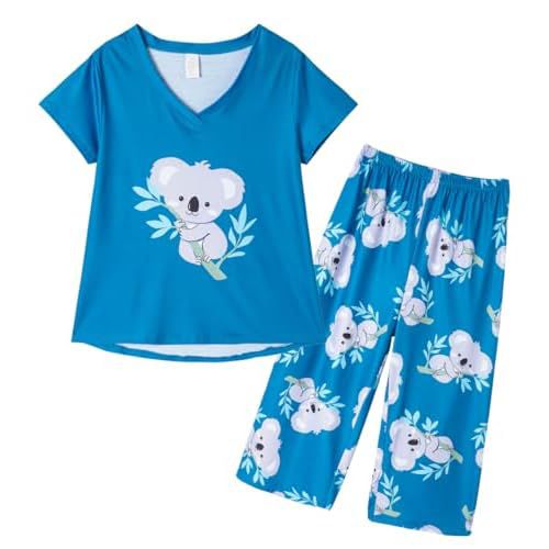 YIJIU Women Soft Comfy Pajamas Cute Cat Short Sleeve Capri Pants PJS Set Small Blue Koala