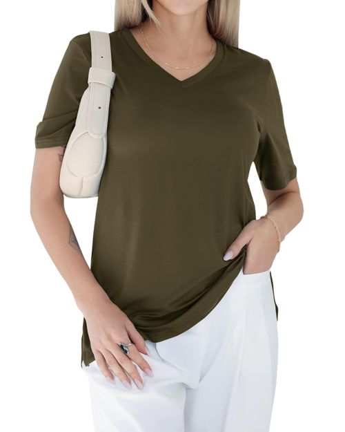 GAYHAY Womens V Neck T Shirts Oversized Loose Fit Short Sleeve Tops Casual Summer Vacation 2025 Army Green XX-Large