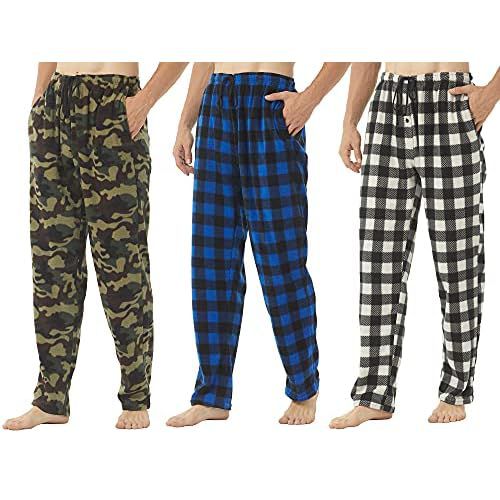 YUSHOW 2-3 Pack Mens Pajama Pants Mens Fleece Plaid Lounge Pajama Bottoms Sleepwear Pjs with Pockets X-Large 3 Pack-blue/Gray&white/Camo