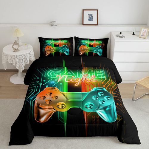 Gamer Comforter Kids Gaming Video Game Comforter Set for Boys Teens Noverlty Modern Gamepad Bedding Set Breathable Gamer Console Bedding Duvet Set Bright Orange Green Room Decor Full Size Mu