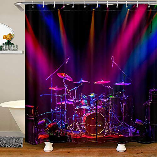 Feelyou Drum Kit Shower Curtain Rock Music Themed Bathroom Shower Curtain Set for Bathtubs Musical Pattern Bath Curtain Modern Instruments Print Waterproof Curtains Stalls Decor 72"x72"