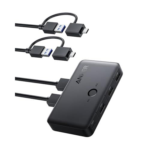 Anker USB 3.0 Switch, Easy One-Click Device Switching for 2 Laptops or Desktops, 3 USB-A Ports, 5Gbps Data Transfer, Compatible with Windows, macOS, Linux