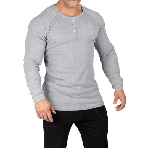 Muscle Cmdr Men's Lightweigt Waffle Henley Shirt Regular Fit Long&Short Sleeve Casual 3 Button Placket Underwear A-grey Small