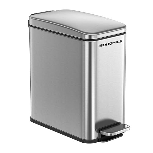 SONGMICS Bathroom Trash Can, 1.3 Gallon (5 L) Small Trash Bin with Lid, Slim for Small Spaces, Stainless Steel Garbage Can, Soft Close, Silver ULTB560E05 Silver 1.3 Gal.