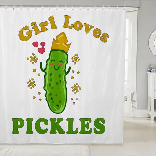 Pickles Kids Shower CurtainCute Cartoon Vegetables Bath Curtain for Bathroom for Girls Children Teens Kawaii Decor Waterproof Fabric Shower Curtain Set Green White Bathroom Accessories 72"x7