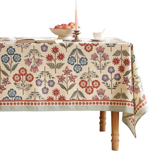 Floral Linen Tablecloth for Rectangle Tables,Decorative Table Cloth with Blue and Red Flowers Pattern,Ideal Table Cover for Kitchen Parties Thanksgivi