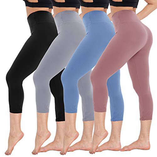 CAMPSNAIL 4 Pack High Waisted Capri Leggings for Women - Butt Lift Buttery Soft Yoga Pants for Cycling Workout (4 Packs, Black/Mist Gray/Light Blue/Desert Rose, US 02-12)