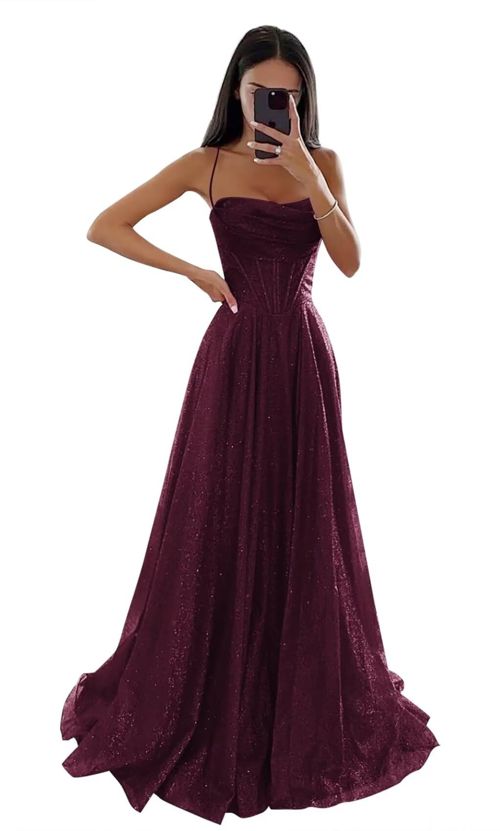 Sparkly Sequin Tulle Prom Dresses for Women with Slit Cowl Neck Corset Formal Evening Gown with Pockets Plum 24 Plus