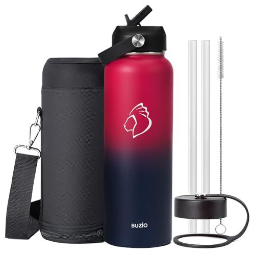 BUZIO 40oz Insulated Water Bottle, Triple Wall Vacuum Stainless Steel Water Flask with 2 lids, Leakproof BPA-Free Straw Lid Sports Canteen Jug, Cold 48H & Hot 24H- Ruby Red Navy 40 Ounces Ru