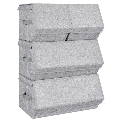 SONGMICS Storage Bins with Lids, Set of 4 Dorm Storage Bins, Collapsible Cubes with Magnetic Closures, a Semi-Open Front, Lid Can Stay Open after Stacked up, Gray URLB22GY
