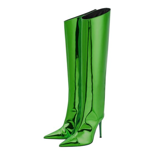 Arqa Metallic Boots for Women Pointed Toe High Stiletto Heel Knee High Boot Fashion Chrome Zipper Boot Dressy Party Shoes 10.5 Green