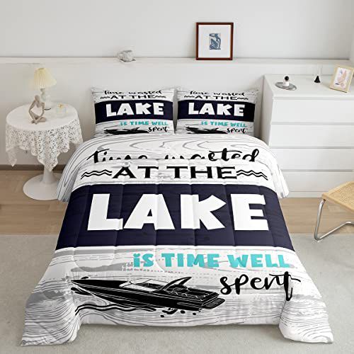 Lake House Decor Bedding Comforter Sets, Rustic Boat Bedding Twin Size For Boys Kids Teens Adult, Wooden Barn Door Quilt Fishing Country Farmhouse Duv