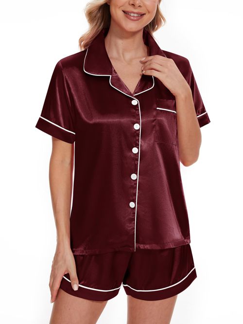 YIJIU Womens Silk Satin Pajamas Set Short Sleeve Sleepwear Soft Button Down Loungewear Two-piece Pjs Sets XS-XXL Short Large Wine Red