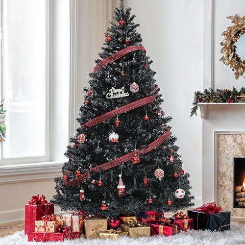 YITAHOME Halloween Black Spruce Artificial Christmas Tree, 6 FT Artificial Halloween Pine Tree with 818 Branch Tips and Metal Hinges & Foldable Base for Home, Office, Party Decoration 6ft Bl