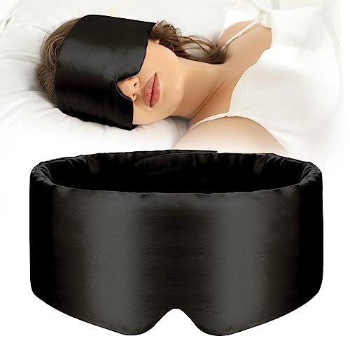 100% Mulberry Silk Sleep Mask Eye Mask for Women Man with Adjustable Band, for Side Sleeper Blackout Sleep Mask for Travel Rest and Office Large Size (Black)