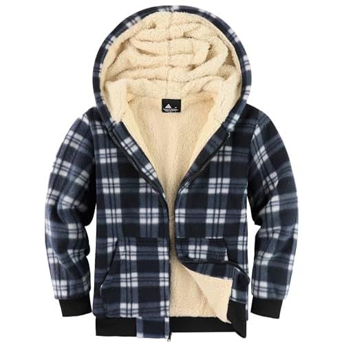 V VALANCH Boys Zipper Hoodie Kid Fleece Lined Plaid Flannel Jacket Winter Coat Blue White Plaid 12-13 Years